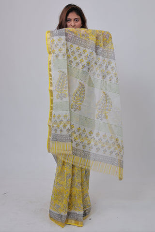 Yellow Handblock Print Kota Doria Cotton Saree with Unstitched Blouse Piece