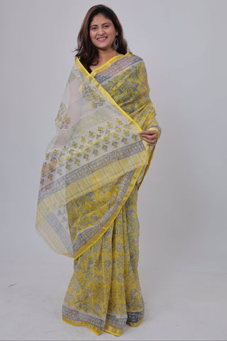 Yellow Handblock Print Kota Doria Cotton Saree with Unstitched Blouse Piece