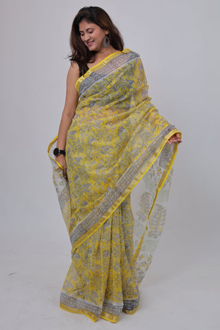 Yellow Handblock Print Kota Doria Cotton Saree with Unstitched Blouse Piece