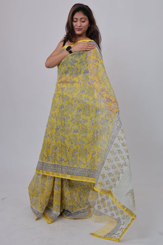 Yellow Handblock Print Kota Doria Cotton Saree with Unstitched Blouse Piece