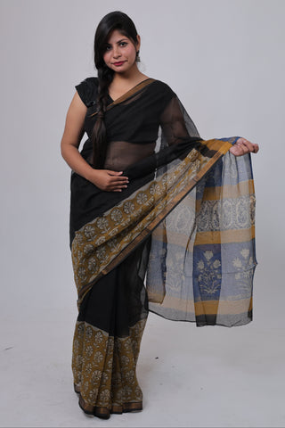 Black Hand Block Print Kota Doria Cotton Saree with Unstitched Blouse Piece