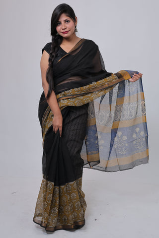 Black Hand Block Print Kota Doria Cotton Saree with Unstitched Blouse Piece