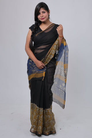 Black Hand Block Print Kota Doria Cotton Saree with Unstitched Blouse Piece