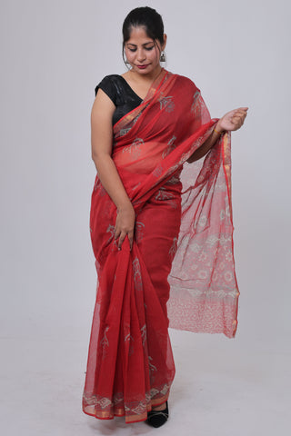 Bright Red Hand Block Print Kota Doria Cotton Saree with Unstitched Blouse Piece