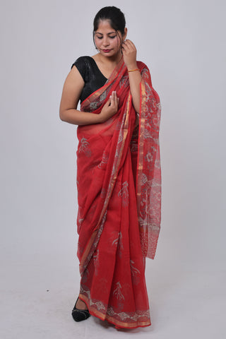 Bright Red Hand Block Print Kota Doria Cotton Saree with Unstitched Blouse Piece