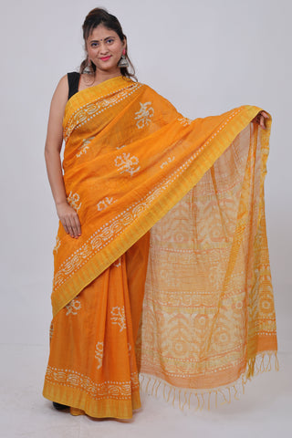 Yellow Hand Block Print Ghicha Silk Saree with Unstitched Blouse Piece