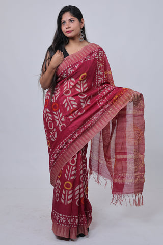 Red Hand Block Print Ghicha Silk Saree with Unstitched Blouse Piece