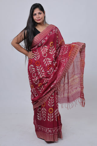 Red Hand Block Print Ghicha Silk Saree with Unstitched Blouse Piece