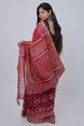 Red Hand Block Print Ghicha Silk Saree with Unstitched Blouse Piece