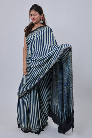 Blue Stripe Pattern Ajrakh Modal Silk Saree with Unstitched Blouse Piece