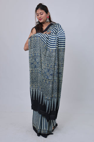 Blue Stripe Pattern Ajrakh Modal Silk Saree with Unstitched Blouse Piece