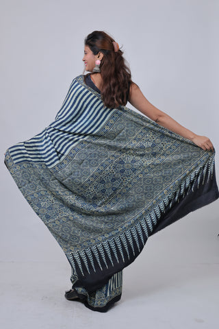 Blue Stripe Pattern Ajrakh Modal Silk Saree with Unstitched Blouse Piece