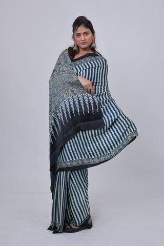 Blue Stripe Pattern Ajrakh Modal Silk Saree with Unstitched Blouse Piece