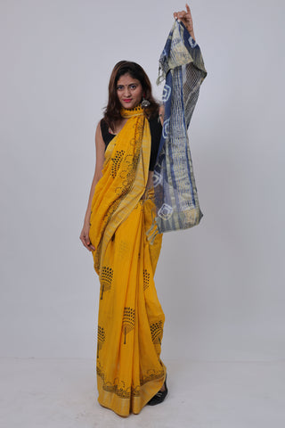 Bright Yellow Hand Block Print Ghicha Silk Saree with Unstitched Blouse Piece