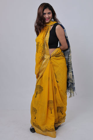 Bright Yellow Hand Block Print Ghicha Silk Saree with Unstitched Blouse Piece