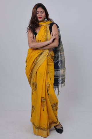 Bright Yellow Hand Block Print Ghicha Silk Saree with Unstitched Blouse Piece