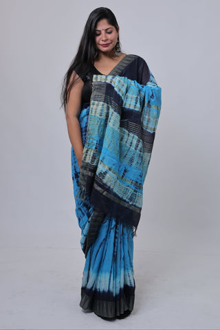 Shibori Print Blue Hand Block Print Ghicha Silk Saree with Unstitched Blouse Piece