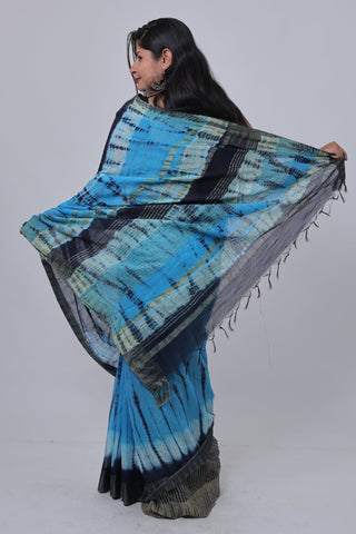 Shibori Print Blue Hand Block Print Ghicha Silk Saree with Unstitched Blouse Piece