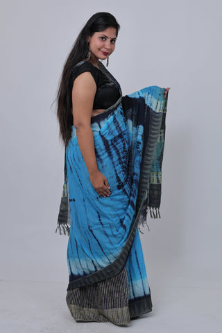 Shibori Print Blue Hand Block Print Ghicha Silk Saree with Unstitched Blouse Piece