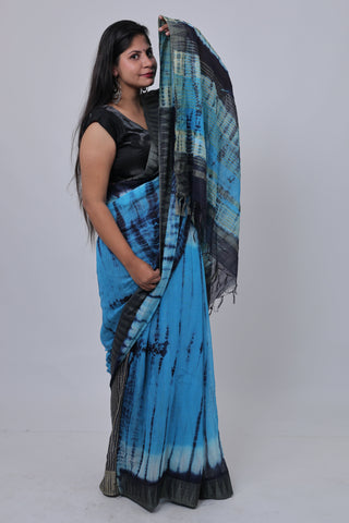 Shibori Print Blue Hand Block Print Ghicha Silk Saree with Unstitched Blouse Piece