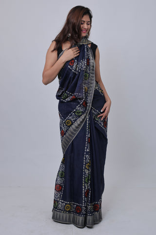 Navy Blue Hand Block Print Ghicha Silk Saree with Unstitched Blouse Piece