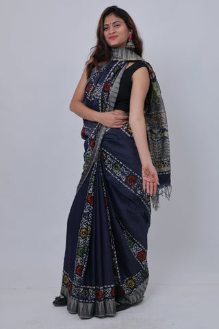 Navy Blue Hand Block Print Ghicha Silk Saree with Unstitched Blouse Piece