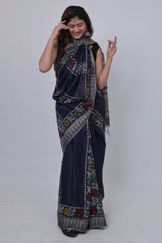 Navy Blue Hand Block Print Ghicha Silk Saree with Unstitched Blouse Piece