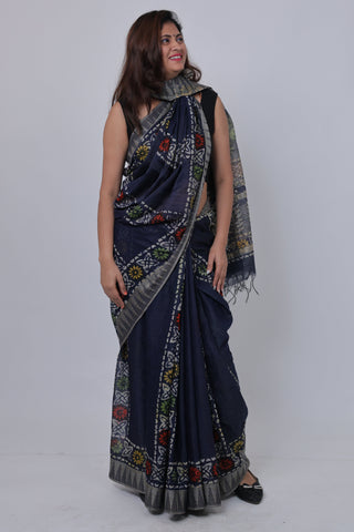 Navy Blue Hand Block Print Ghicha Silk Saree with Unstitched Blouse Piece