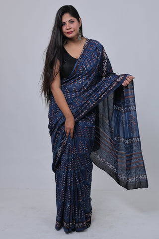 Dark Blue Hand Block Print Cotton Saree with Unstitched Blouse Piece