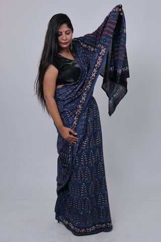 Dark Blue Hand Block Print Cotton Saree with Unstitched Blouse Piece