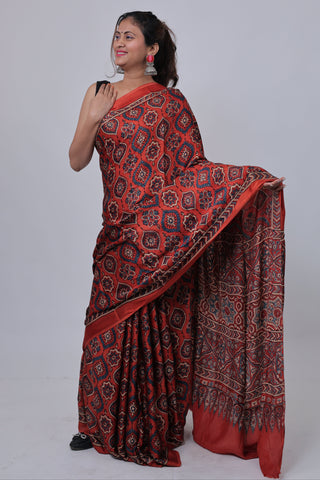 Red Ajrakh Modal Silk Saree with Unstitched Blouse Piece