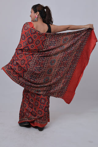 Red Ajrakh Modal Silk Saree with Unstitched Blouse Piece