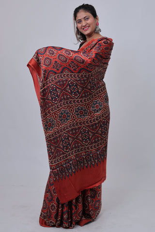 Red Ajrakh Modal Silk Saree with Unstitched Blouse Piece