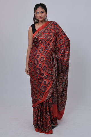 Red Ajrakh Modal Silk Saree with Unstitched Blouse Piece