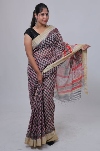 Hand Block Print Ghicha Silk Saree with Unstitched Blouse Piece