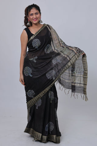 Black Hand Block Print Ghicha Silk Saree with Unstitched Blouse Piece