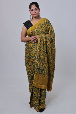 Yellow Ajrakh Modal Silk Saree with Unstitched Blouse Piece