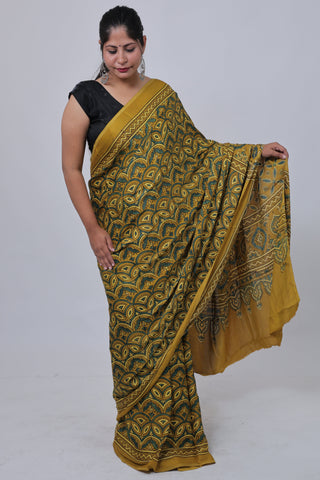 Yellow Ajrakh Modal Silk Saree with Unstitched Blouse Piece