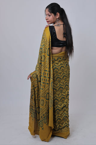 Yellow Ajrakh Modal Silk Saree with Unstitched Blouse Piece