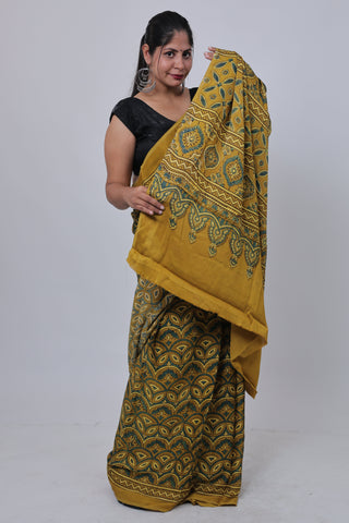 Yellow Ajrakh Modal Silk Saree with Unstitched Blouse Piece