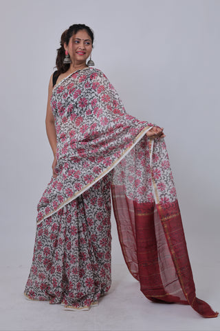 Off White Floral Chanderi Silk Saree with Unstitched Blouse Piece