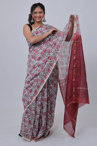 Off White Floral Chanderi Silk Saree with Unstitched Blouse Piece