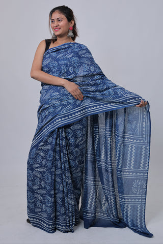 Indigo Hand Block Print Cotton Saree with Unstitched Blouse Piece