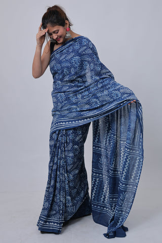 Indigo Hand Block Print Cotton Saree with Unstitched Blouse Piece