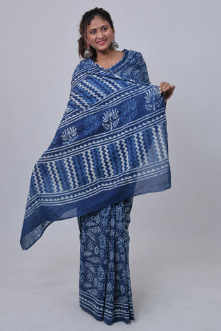 Indigo Hand Block Print Cotton Saree with Unstitched Blouse Piece