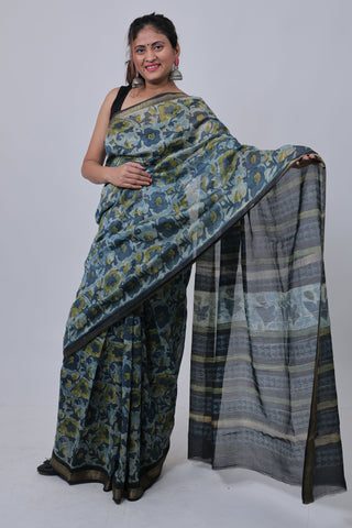 Vanaspati Ajrakh Print Maheshwari Silk Saree with Unstitched Blouse Piece