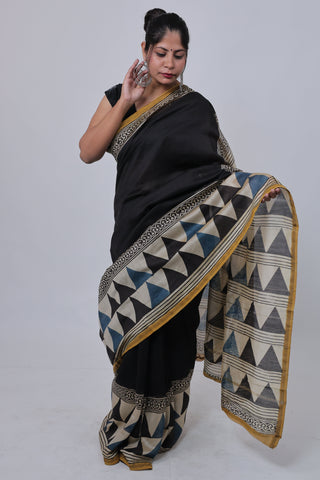 Geometric Print Black Chanderi Silk Saree with Unstitched Blouse Piece