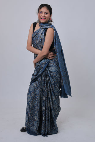 Blue Ajrakh Modal Silk Saree with Unstitched Blouse Piece