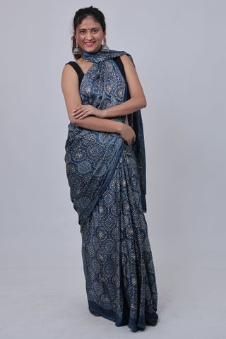 Blue Ajrakh Modal Silk Saree with Unstitched Blouse Piece