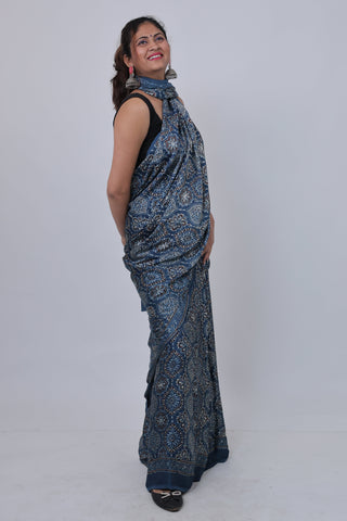 Blue Ajrakh Modal Silk Saree with Unstitched Blouse Piece